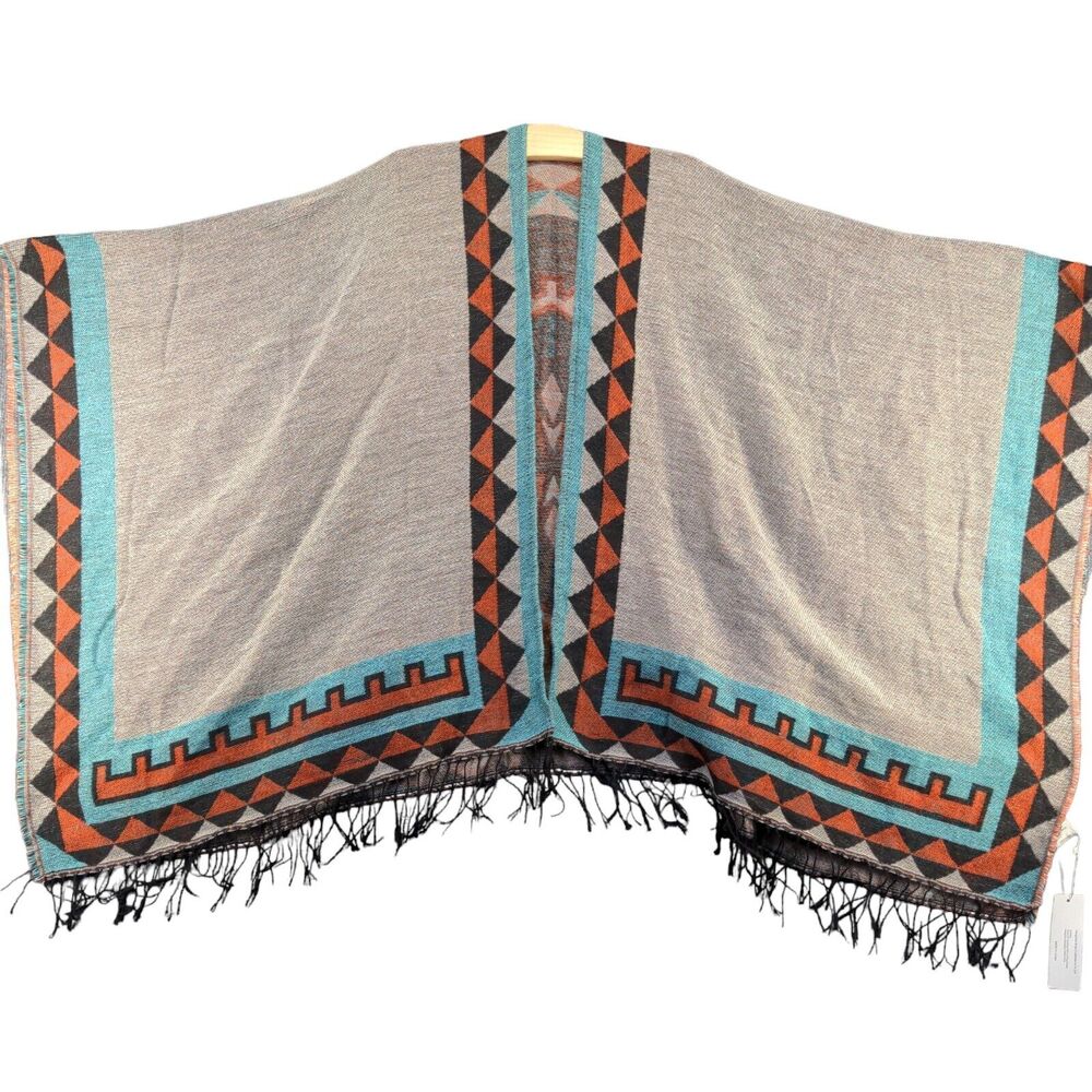 Urban Coco Women's Poncho Cape Sweater Multi Frayed Western Aztec W/Tags